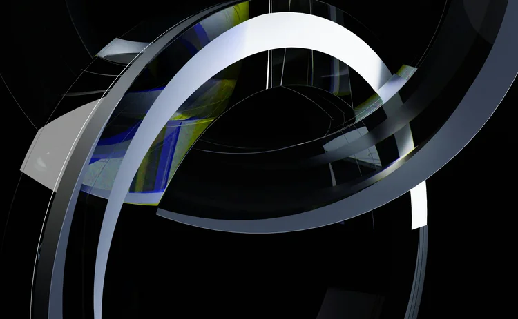 Abstract 3D composition of interwoven metallic and glass-like arcs on a black background, creating a futuristic technology and data-flow aesthetic