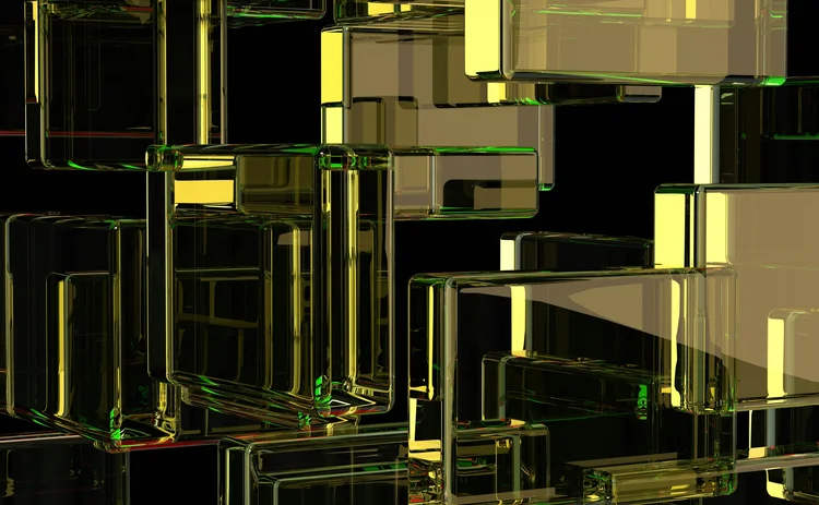 Abstract 3D render of numerous overlapping, semi-transparent golden yellow and green glass blocks on a solid black background