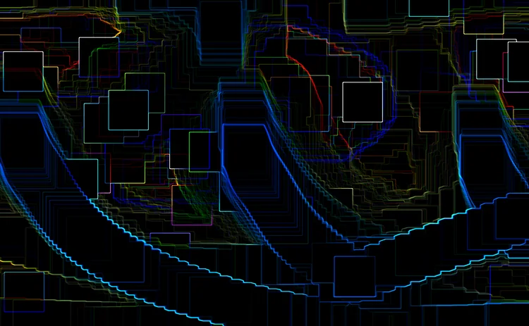Flowing, wavy lines and geometric shapes in spectrum colors creating an energetic, digital stream or circuit board aesthetic