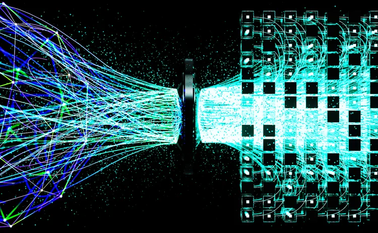 Large, net-style lines of digital data flow into a computer, exiting in more compressed and ordered lines