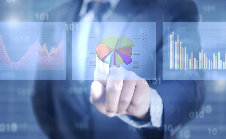 Finger pointing on virtual screen of financial charts