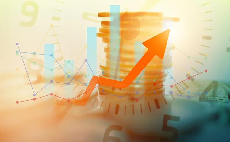 chart, coins, arrows double exposure