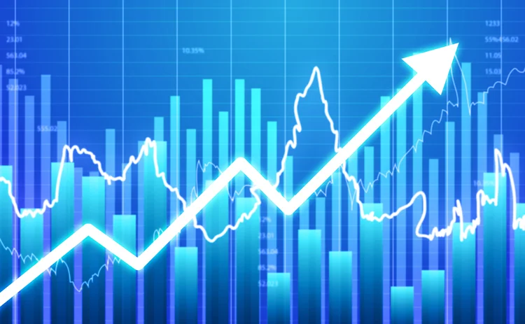 Stock chart with arrow surging upwards