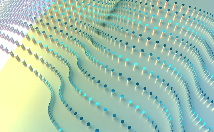 Abstract data visualization with rows of illuminated dots forming wave-like patterns, symbolizing digital data streams, analytics, and artificial intelligence