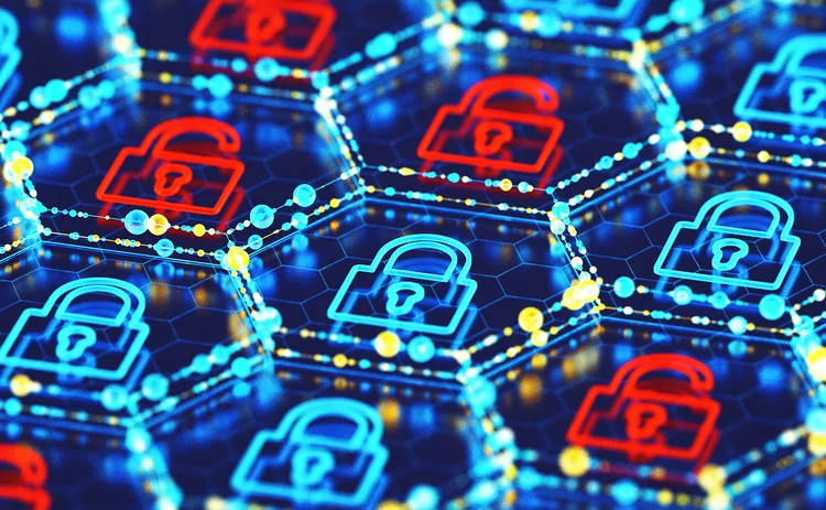 3D-rendered locked blue padlocks and unlocked red padlocks show cyber security protected and breached