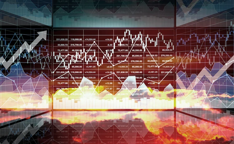 Stormy and sunny clouds overlaid with financial data charts