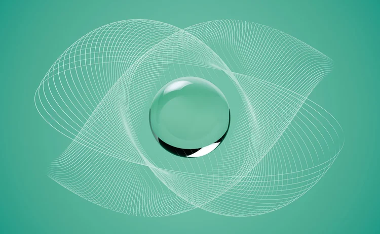 A sphere sits in the middle of some criss-crossing grids on a green background