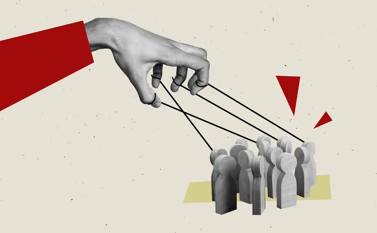 糸でつながれた人形のように、手によって操られている人のような姿の抽象的なイメージ