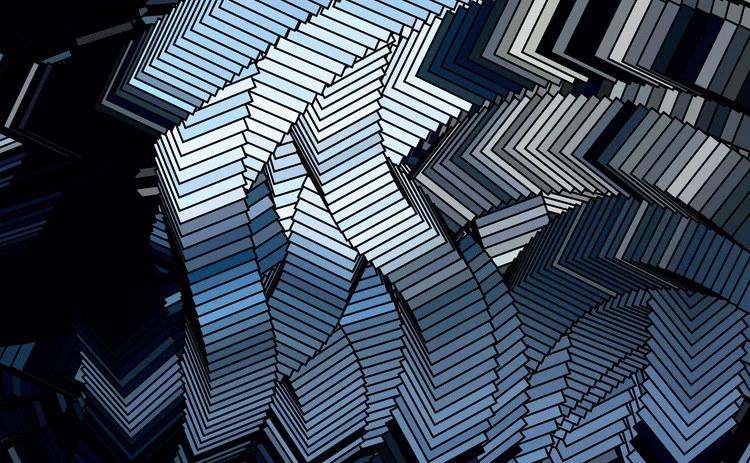 Abstract 3D geometric design with stacked rectangular layers in blue and white tones, symbolizing data structures, complexity, and digital architecture.