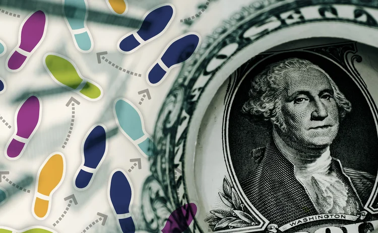 A dollar bill has some dance move foot placements superimposed over it