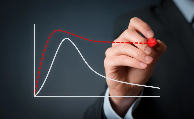 Two lines are seen on a graph. On ehas a steep drop, but the other, which has been drawn on by a hand, has a much smoother descent