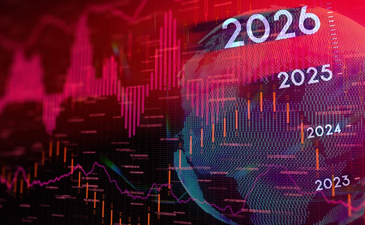 3D rendering of the globe overlaid with fluctuating financial data graph lines and vertical timeline from 2022 to 2026
