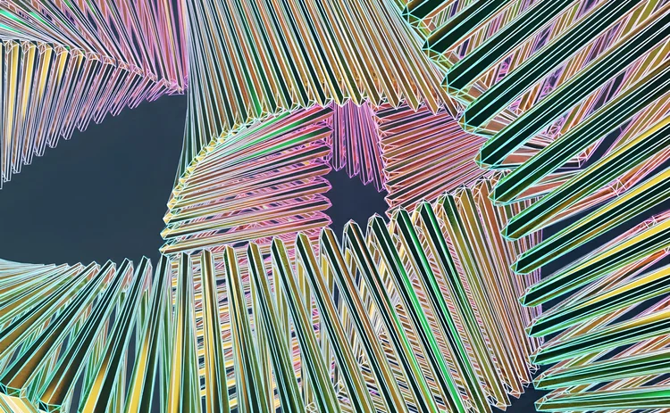 Futuristic radial data visualisation with glowing coloured segments forming spiralling patterns, symbolising big data, analytics, and digital networks.