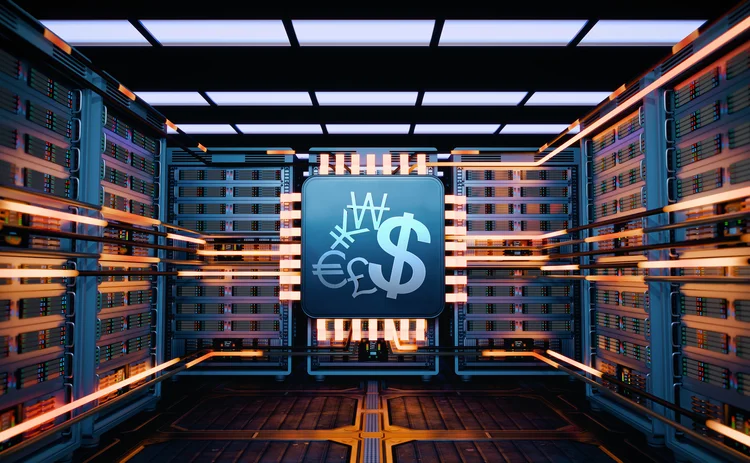 Data centre servers accessed by microchip embedded with currency symbols