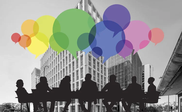 Esma headquarters in the background. In the foreground is a silhouette of people sitting round a meeting table with colourful speech bubbles 