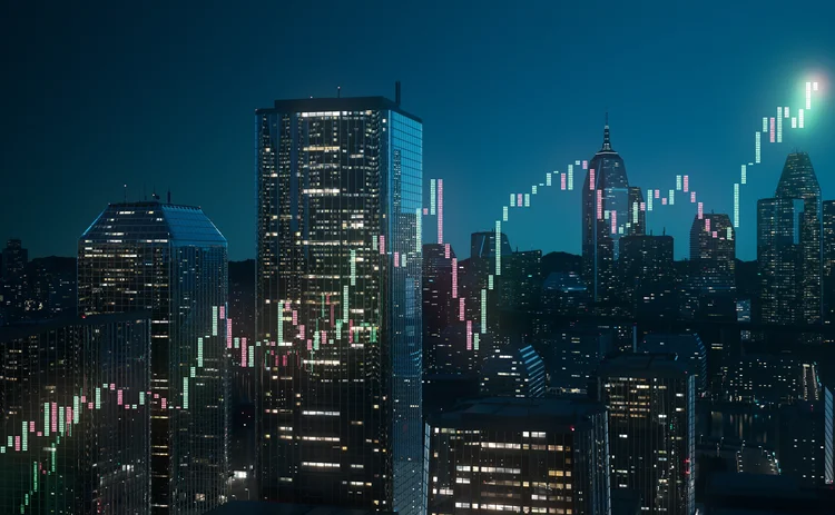 Stock chart over skyscrapers