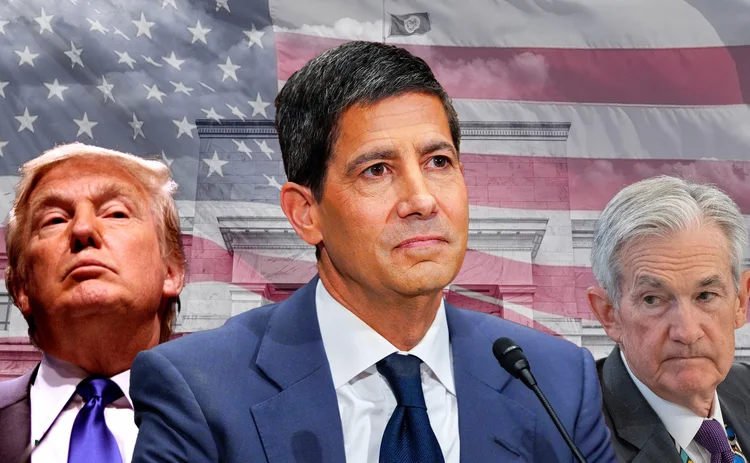 Montage of Trump, Warsh and Powell against a backdrop on the Fed and a US flag