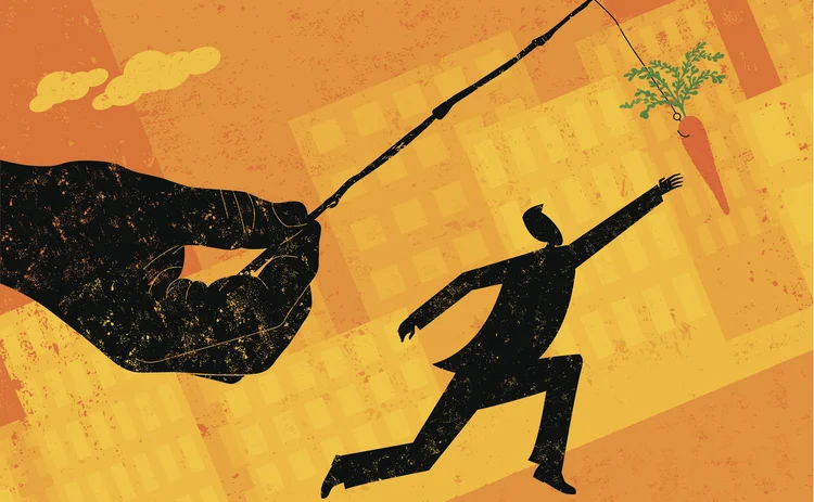 A man in silhouette chases a carrot being dangled in front by a large hand
