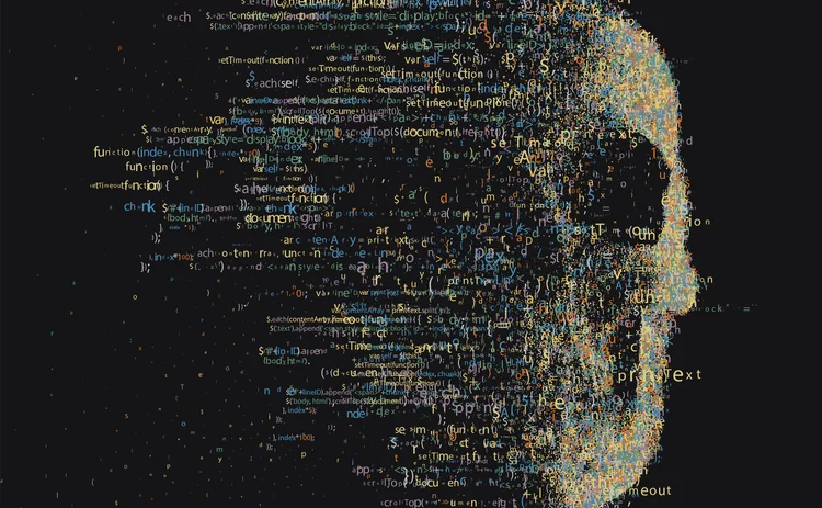 A skull made from software code is eroding as if being blown away