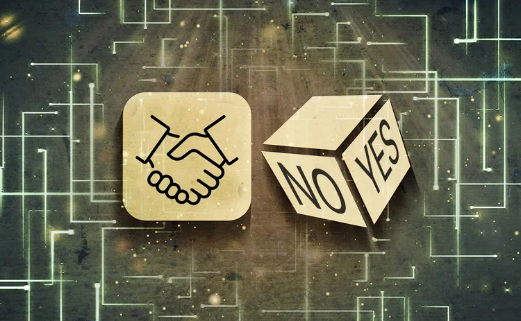 Yes No dice and handshake icon
