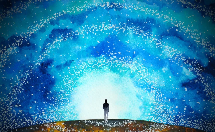 Illustration styled like a watercolour painting of a human standing on the horizon with a bright sky above