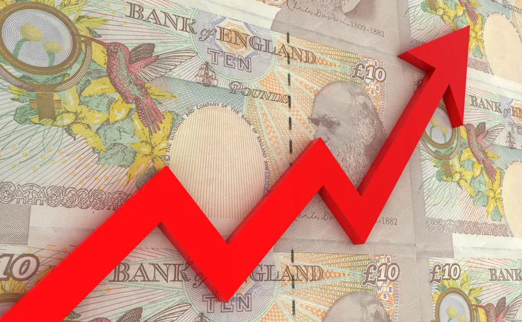 Pound notes with a red upward arrow