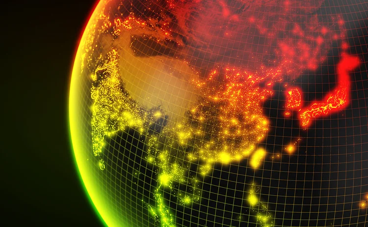 Glowing globe focusing on Asia, with countries coloured green, red and yellow over a glowing grid