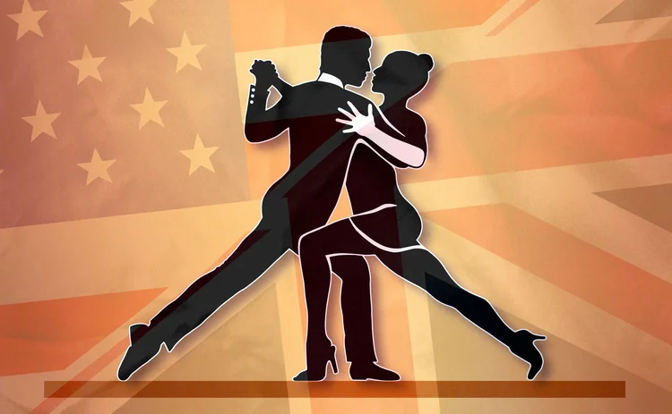 Two tango dancers with a merging of US and UK flags as a background