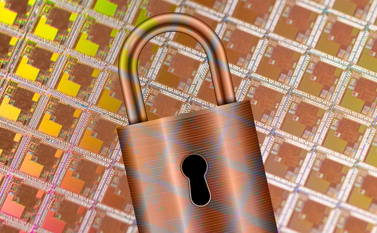 Padlock against a sheet of silicon wafers