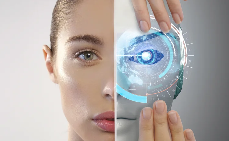 Human face half-covered by robot mask with advanced and futuristic technology