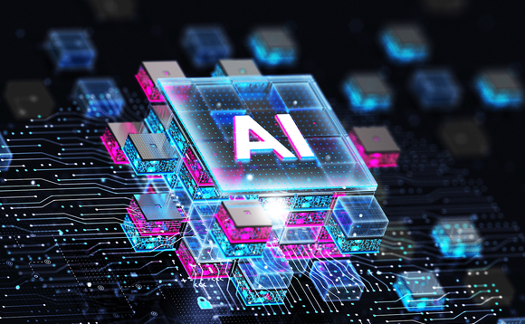 3D rendering of an artificial intelligence processor chip and circuit board