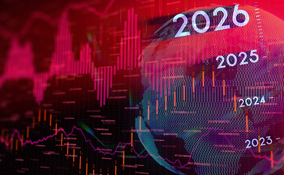 3D rendering of the globe overlaid with fluctuating financial data graph lines and vertical timeline from 2022 to 2026