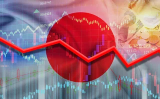 Japan stock chart, money and flag composition
