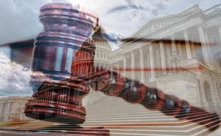 Large gavel superimposed over US Capitol hill and Supreme court