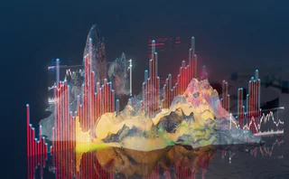 Market volatility graphs overlaid with mountains