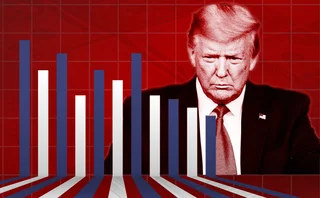 Donald Trump looking critically at a statistical chart in USA flag colours