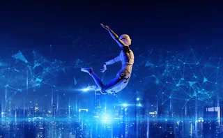 Robot leaping against an artificial city scape