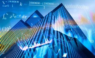 Complex equations against financial data and blue-toned abstract image of a financial building