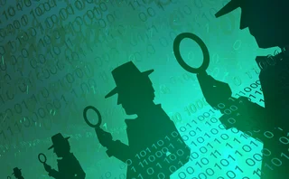 Outline of detectives with magnifying glasses against an image of binary numbers