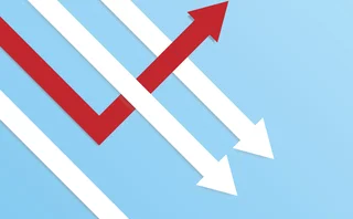 Red arrow changing tack and pointing up, while white arrows pointing down