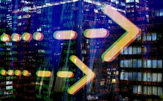 Accounting abstract image made up of numbers, arrows and office buildings