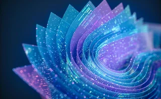 Abstract digital artwork of layered translucent sheets with glowing data points and neon lights in blue and purple hues. Futuristic concept representing data flow, digital transformation and advanced technology innovation.