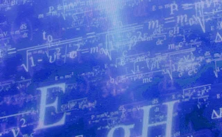 Overlaid mathematical formulas breaking up on blue television screen background