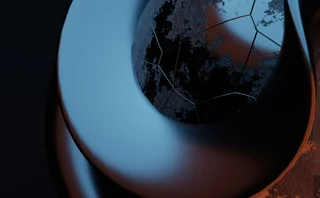 Abstract 3D rendering of a metallic sphere encased in smooth blue and orange curved forms, illuminated by soft light against a dark background