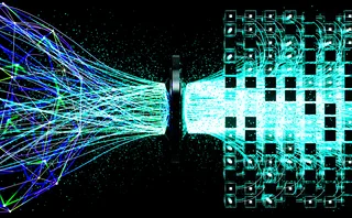 Large, net-style lines of digital data flow into a computer, exiting in more compressed and ordered lines