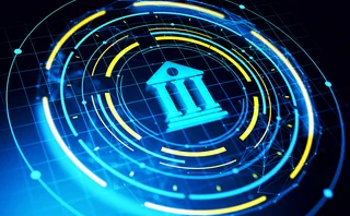 Glowing banking icon in neon digital style, surrounded by converging glowing circles