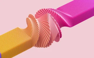 Abstract image of a textured bar, with a twist in the middle, changing from an orange colour to a pink colour after the twist