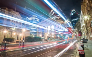 Bank of England with speeding traffic abstract