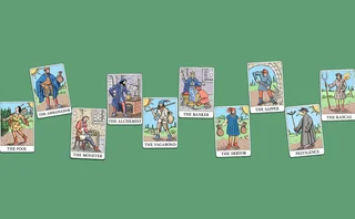 Illustration of tarot cards on a green background, with each tarot card representing one of the risks