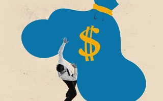 Illustration of a man overburdened by a large sack of cash